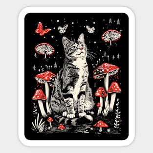 Retro Woodland Cute mushroom Cat Red Floral Garden Kitten Sticker